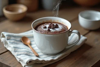 Mugcake au chocolat sans oeuf dans un mug blanc sur une table en bois rustique, décoré de pépites de chocolat et de sucre glace