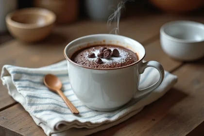 Mugcake au chocolat sans oeuf dans un mug blanc sur une table en bois rustique, décoré de pépites de chocolat et de sucre glace