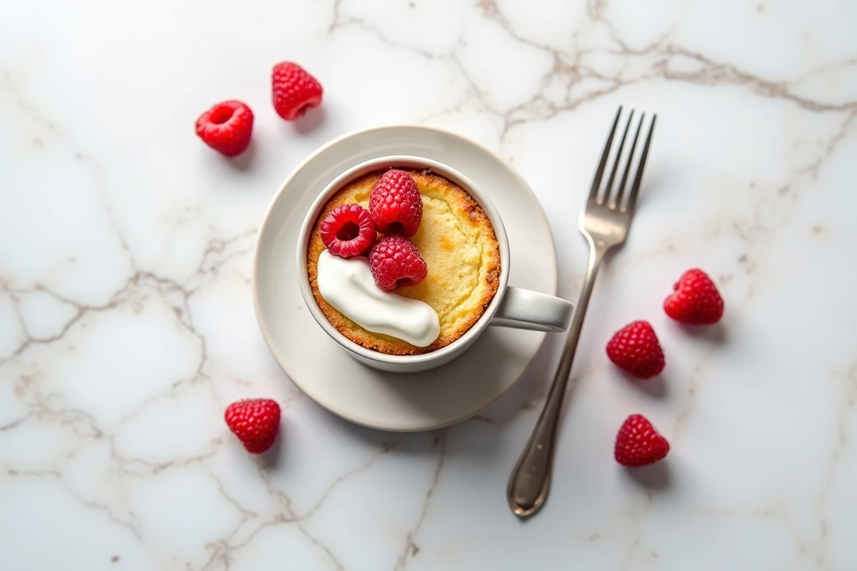 Mugcake vanille sans oeuf servi sur une assiette avec des framboises fraîches et du yaourt grec, vue de dessus sur marbre blanc