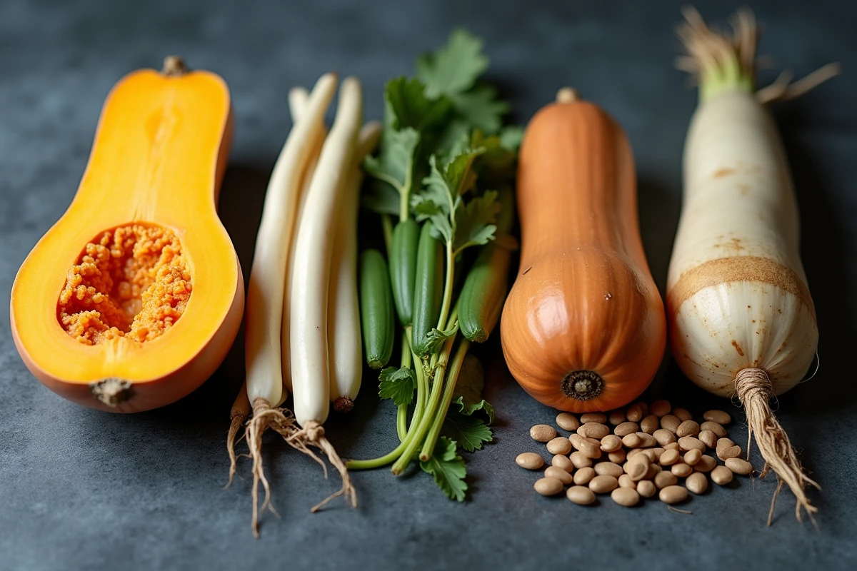 Nature morte de légumes en S sur ardoise : courge butternut, soja, salsifis, salicorne et graines de tournesol