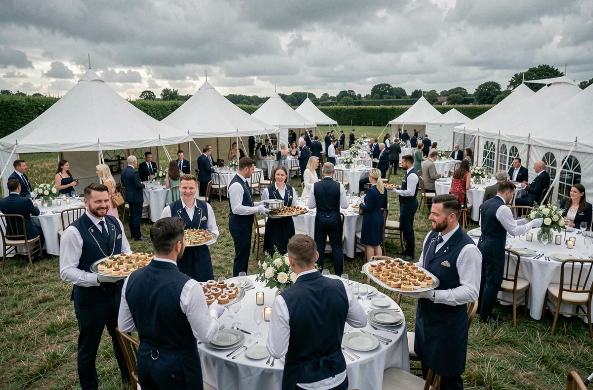 Équipe de Normandie Traiteur Organisation gérant un grand mariage en plein air avec tentes blanches, tables dressées et service de canapés