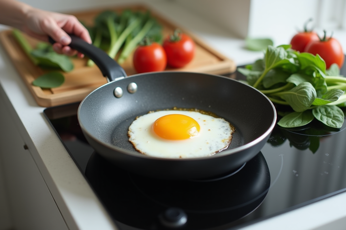 Oeuf poche dans une poêle avec légumes frais en cuisine