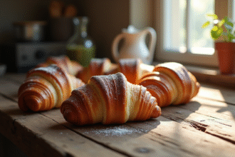 Pain au chocolat frais sur table en bois rustique