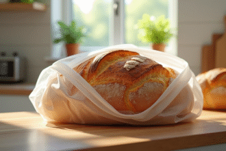 Pain rustique placé dans un sac congélation sur un plan de travail lumineux