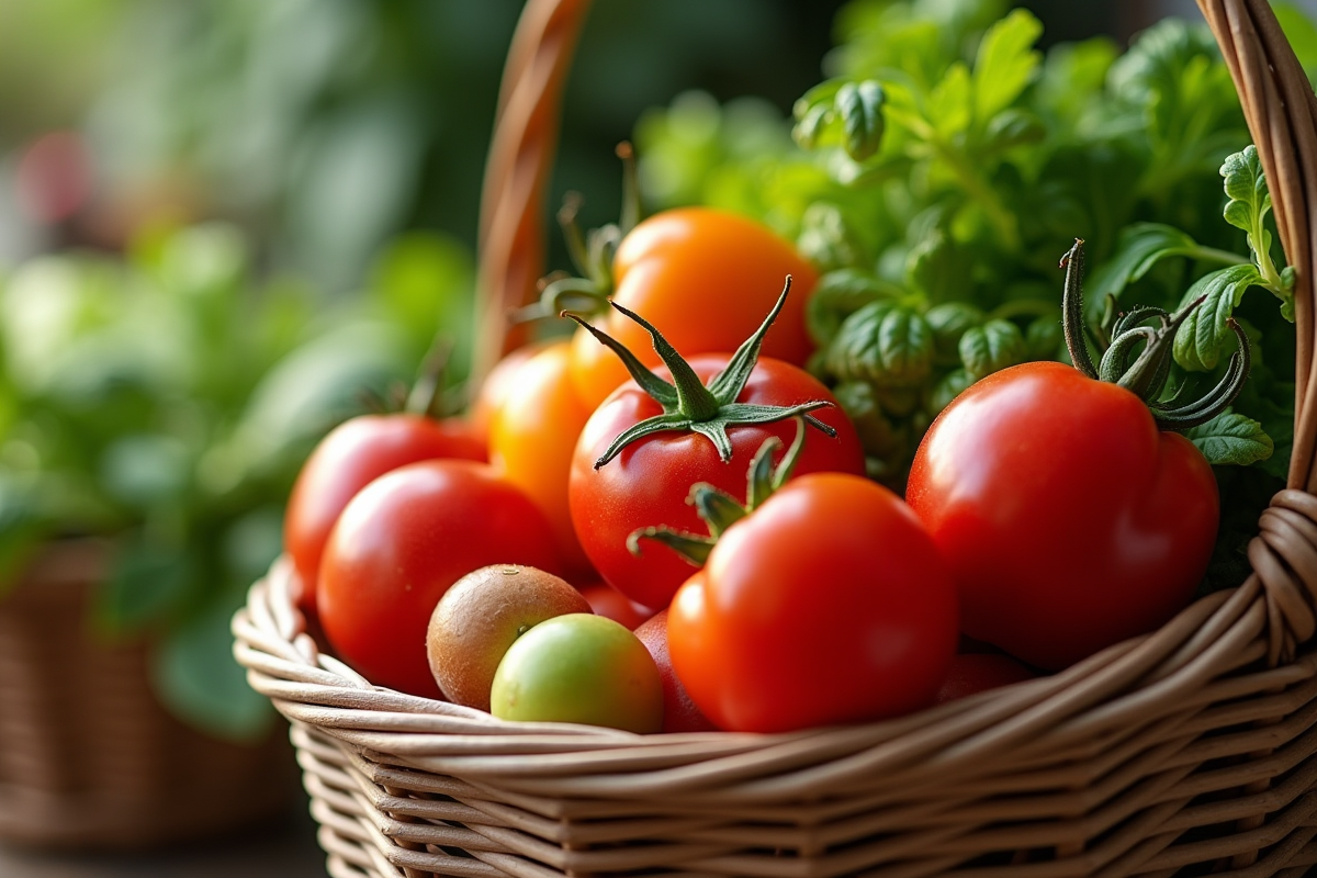 Panier rustique de legumes avec V en gros plan