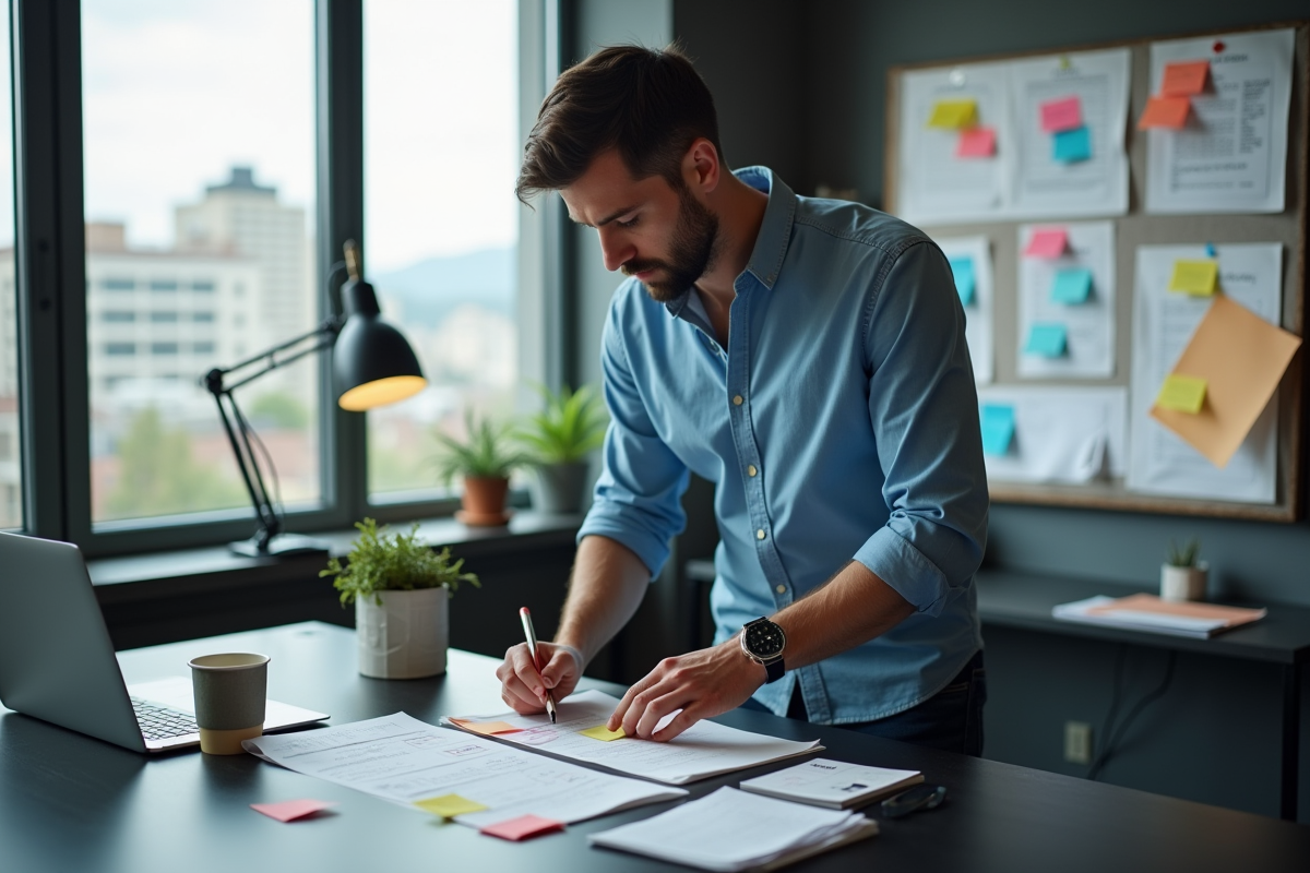 Pere planifiant ses tâches avec notes et tablette au bureau