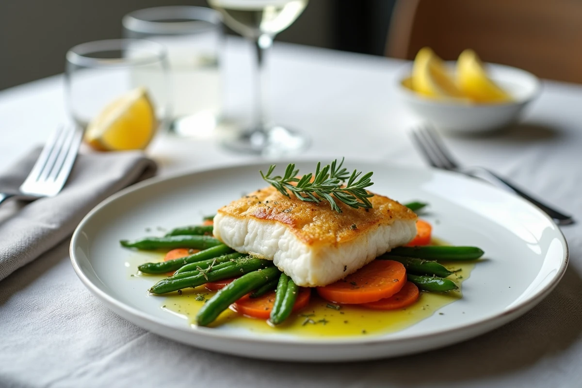 Papillote de cabillaud cuite ouverte avec légumes vapeur sur table, plat diététique et équilibré