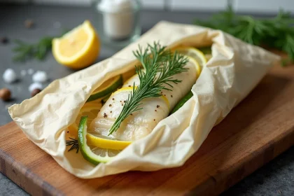 Papillote de poisson blanc au citron et aux herbes fraîches sur planche en bois, recette régime sain