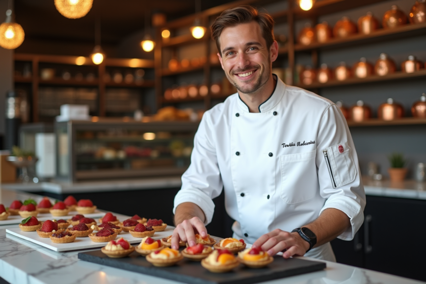 Jeune chef français en pâtisserie avec tartes aux fruits
