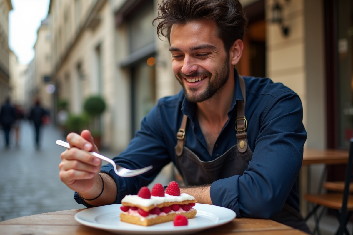 Chef dégustant un millefeuille aux framboises en extérieur