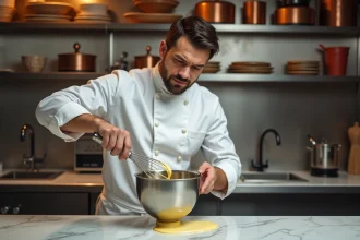 Chef pâtissier en train de monter une pâte à bombe au batteur sur socle dans une cuisine professionnelle