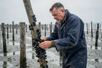 Pêcheur normand inspectant des moules de bouchot sur un pieu en bois à marée basse sur un estran vaseux