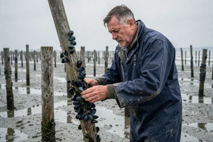 Pêcheur normand inspectant des moules de bouchot sur un pieu en bois à marée basse sur un estran vaseux