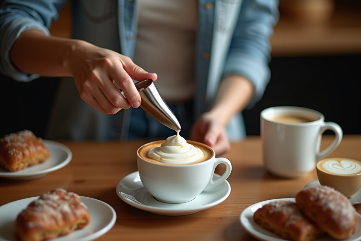 Main versant de la crème sur un latte maison