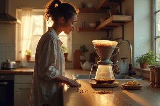 Personne decue dans une cuisine avec cafetière qui déborde