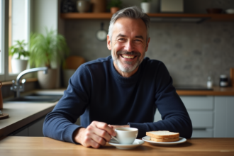 Homme d'âge moyen souriant au petit déjeuner dans une cuisine chaleureuse