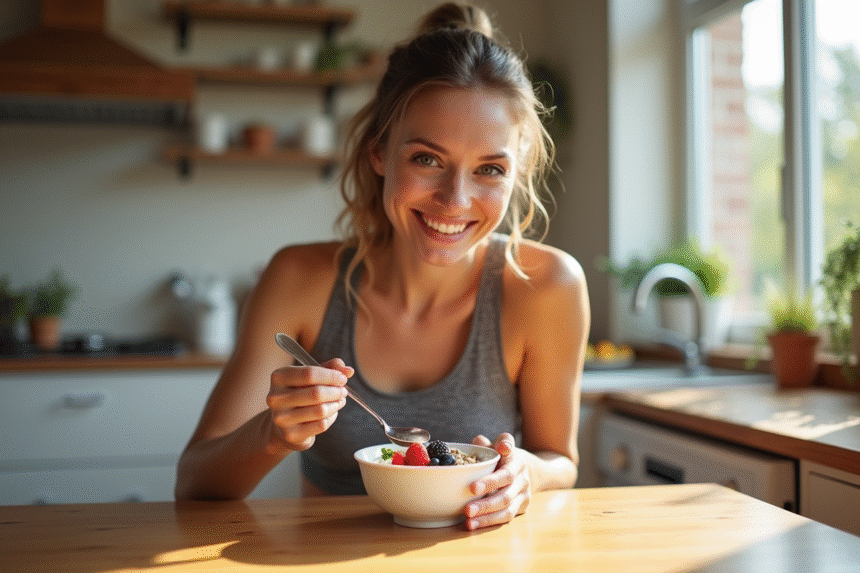 Femme souriante prenant un petit déjeuner sain à la maison
