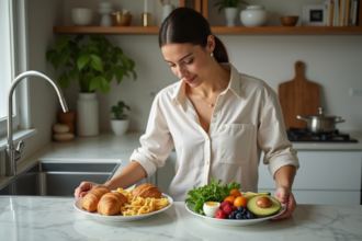 Femme préparant un petit déjeuner sain dans une cuisine moderne