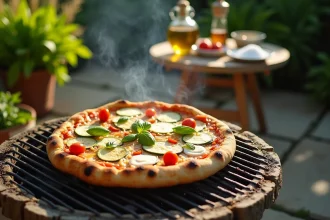 Pizza courgette au barbecue avec mozzarella, tomates cerises et basilic frais sur grille extérieure en été