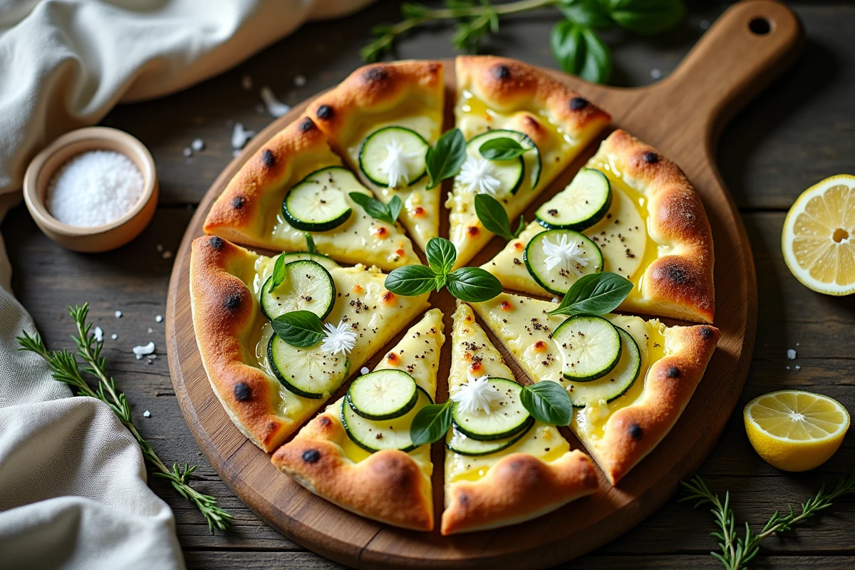 Vue du dessus d'une pizza courgette grillée au barbecue coupée en parts sur planche en bois rustique