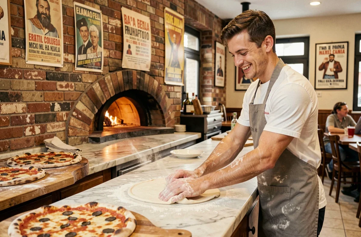 Le pizzaiolo de la Pizzeria Giuseppino à Troyes étire une pâte à pizza à la main devant le four à bois traditionnel dans l'ambiance animée de l'établissement
