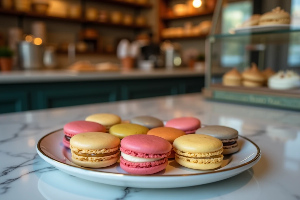 Assiette de macarons colorés sur un comptoir en marbre dans une pâtisserie