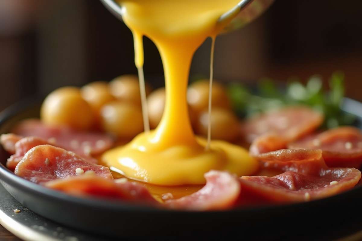 Gros plan sur une assiette raclette avec fromage fondu sur pommes de terre