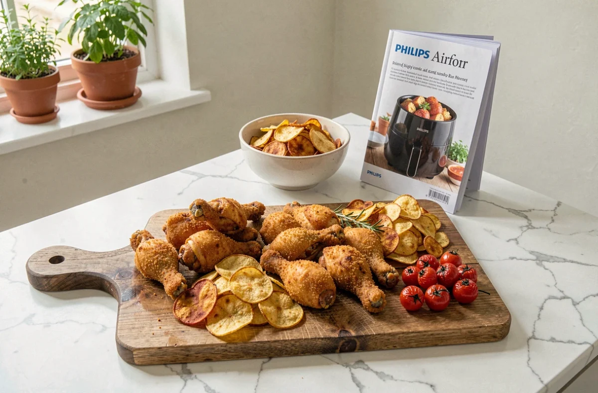 Assortiment de plats cuisinés à l'airfryer Philips présentés sur une planche en bois avec un livre de recettes ouvert