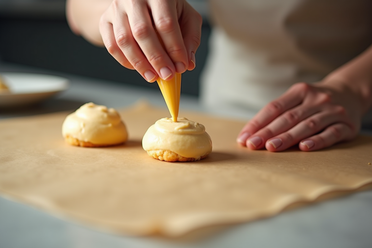 Main remplissant choux avec poche à pâtisserie