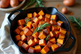 Poêle en fonte remplie de cubes de patate douce rôtis dorés avec romarin frais sur comptoir en bois rustique