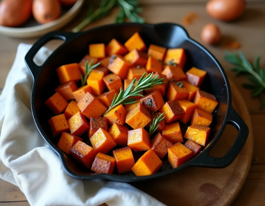 Poêle en fonte remplie de cubes de patate douce rôtis dorés avec romarin frais sur comptoir en bois rustique