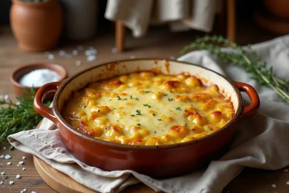 Gratin de poireaux fondus caramélisés dans un plat en céramique rustique sur une table en chêne, garni de thym frais et de fromage gratiné doré