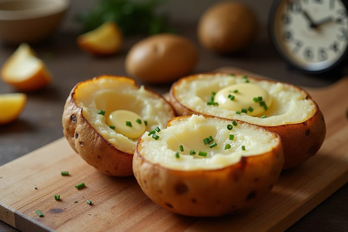 Pomme de terre au four coupée en deux révélant une chair moelleuse fumante avec beurre fondu et ciboulette sur une planche en bois rustique