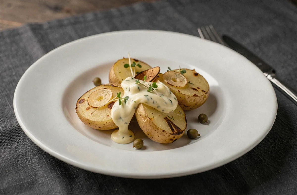 Pommes de terre écrasées façon restaurant sur assiette blanche avec beurre aux herbes fondant, ail croustillant et câpres, présentation gastronomique élégante