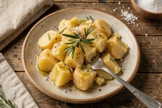 Assiette de pommes de terre écrasées croustillantes à l'huile d'olive, romarin frais et fleur de sel sur table en bois rustique, vue de dessus