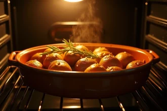 Pommes de terre entières dorées dans un plat en céramique rustique cuisant lentement au four à basse température avec du romarin frais et du sel de mer
