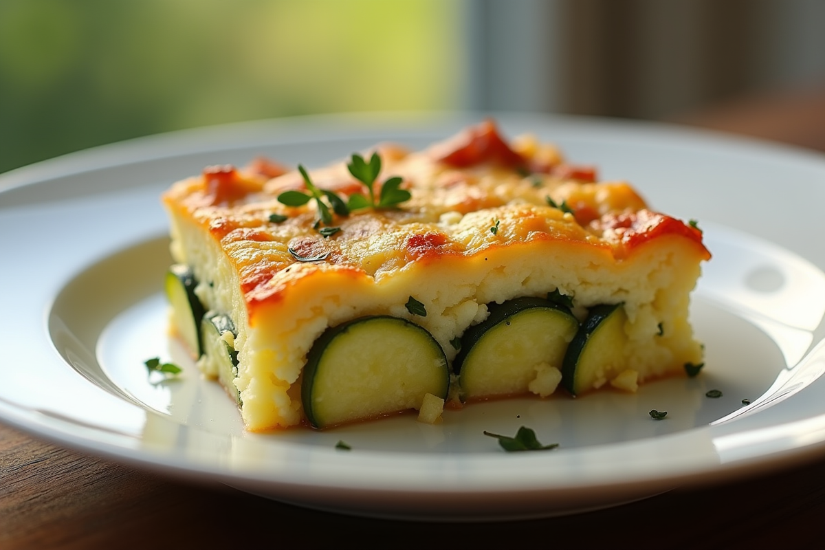 Part de gratin de courgettes et pommes de terre sur assiette blanche