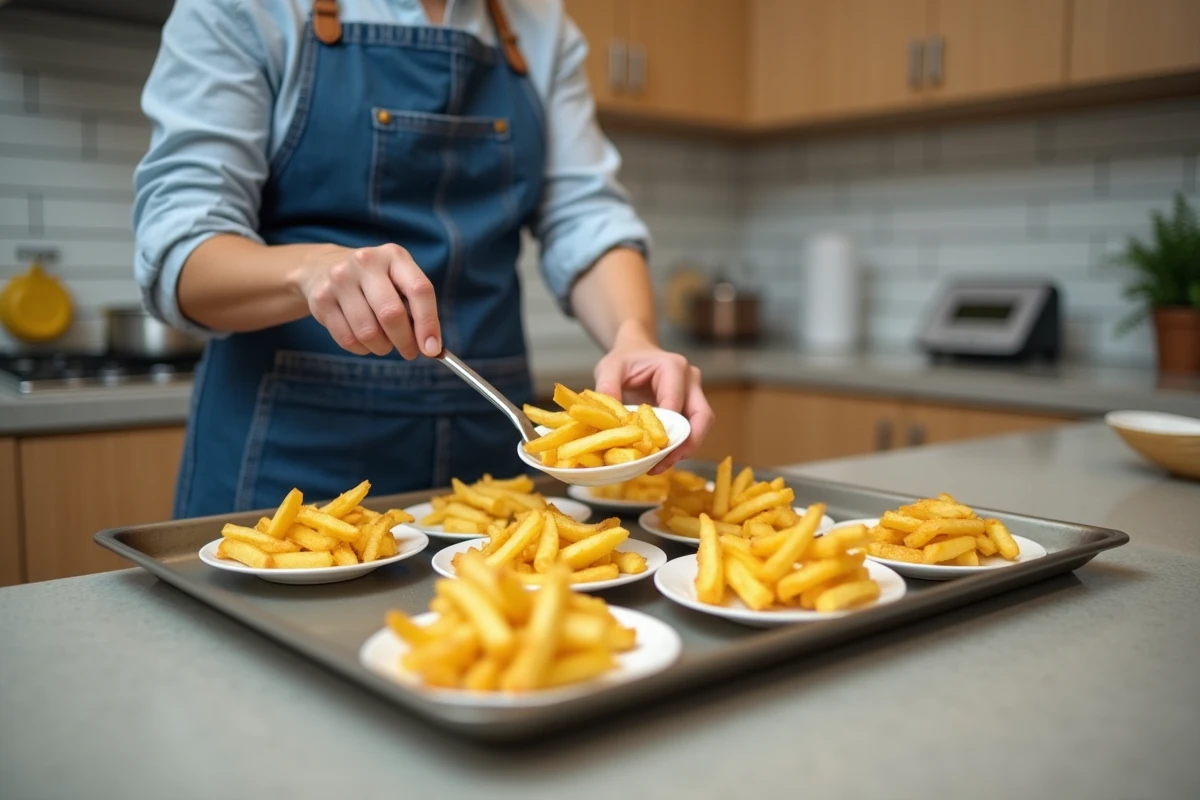 Cuisinier à la maison portionnant des frites cuites au four sur plusieurs assiettes dans une cuisine moderne