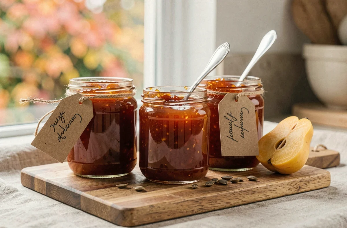 Trois pots de confiture de coings dorée étiquetés à la main avec une cuillère et un coing frais coupé sur une planche en bois