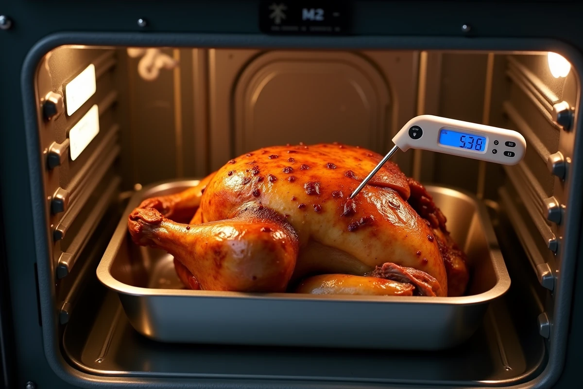 Poulet rôti doré dans un four avec un thermomètre de cuisson inséré dans la cuisse pour vérifier la température interne