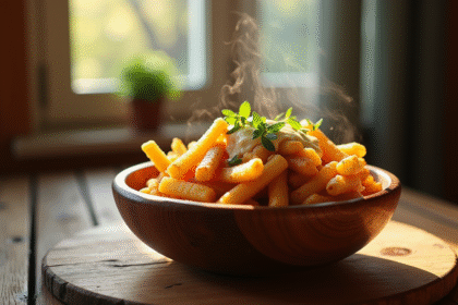 Poutine québécoise dans un bol en bois chaud et appétissant