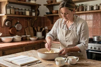 Femme préparant une grande quantité de crème d'amande dans un plat en céramique dans une cuisine rustique française