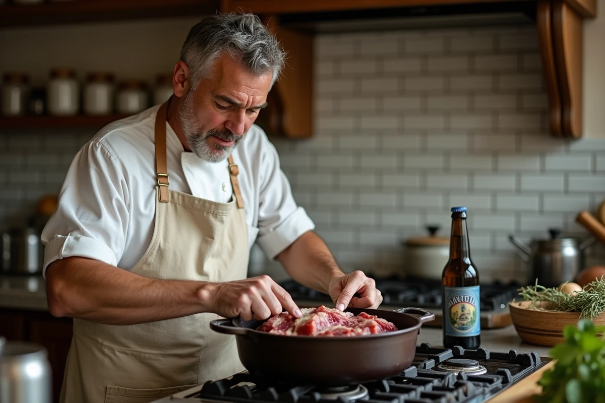 Cuisinier préparant la carbonnade flamande ch'ti en couches dans une cocotte, cuisine maison nordiste traditionnelle