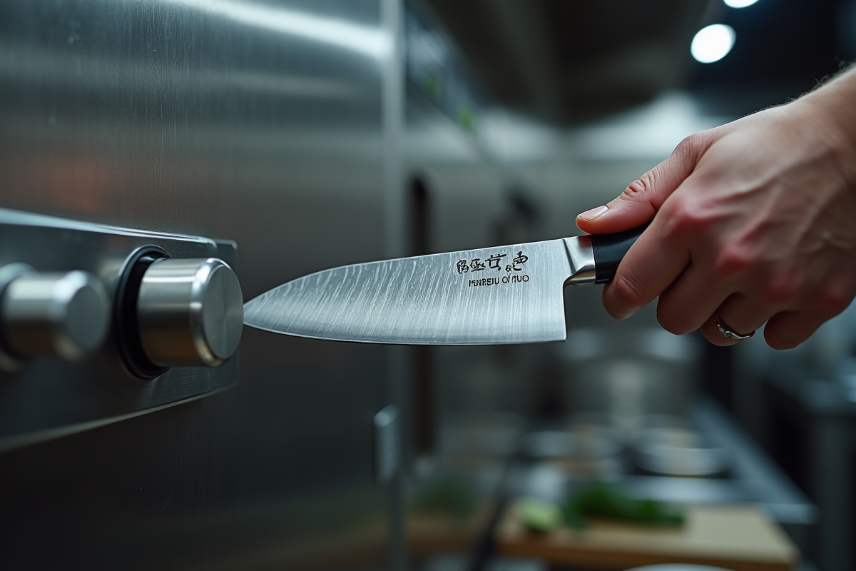 Main de chef choisissant un couteau japonais gyuto dans une cuisine moderne