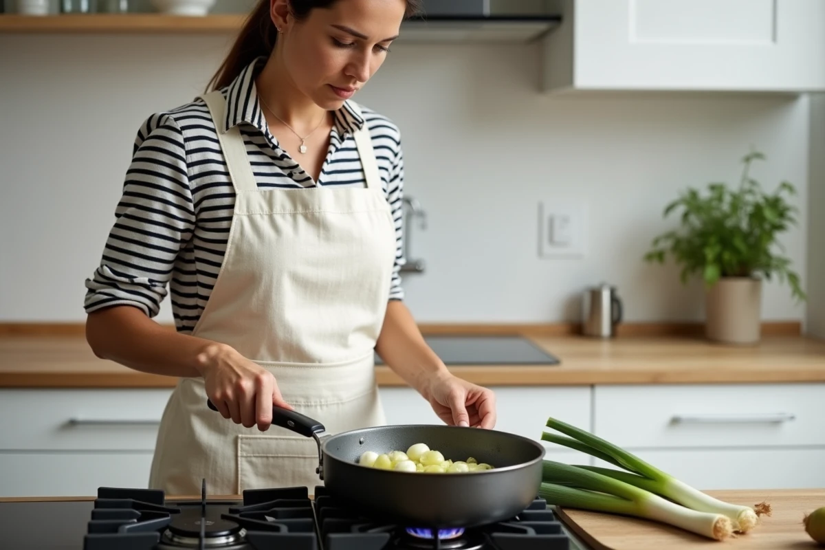 Femme préparant une fondue de poireaux au vin blanc dans une poêle sur un fourneau, dans une cuisine scandinave moderne