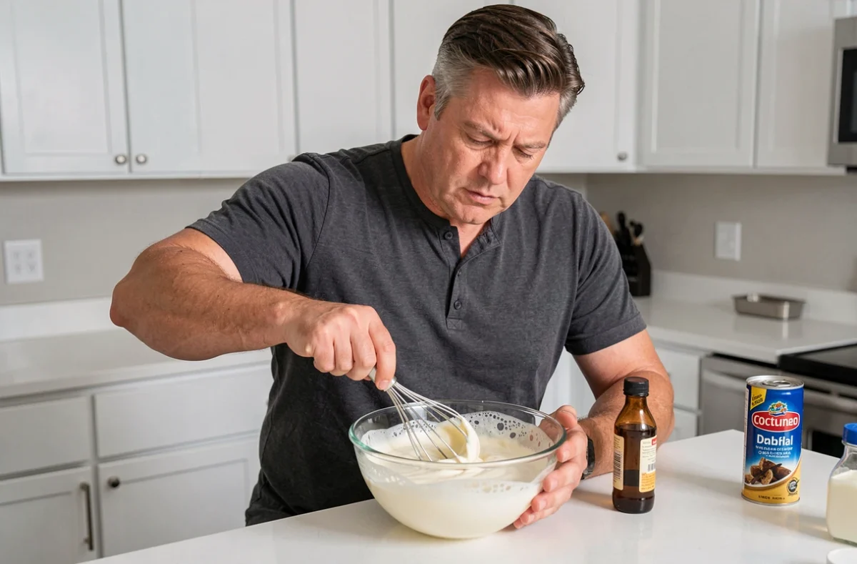 Homme fouettant de la crème et du lait concentré sucré dans un bol en verre pour préparer une glace maison sans sorbetière