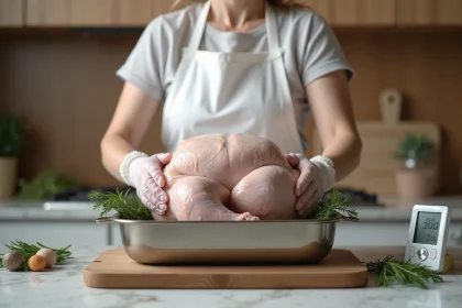 Femme portant des gants alimentaires disposant un poulet cru dans un plat à rôtir sur un plan de travail en marbre dans une cuisine moderne