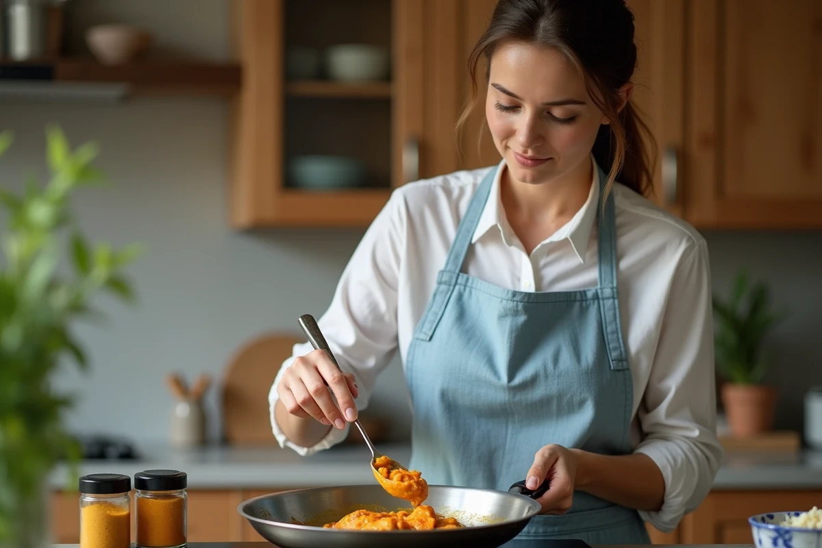 Femme préparant un filet de julienne avec sauce curry doux dans une poêle en cuisine familiale