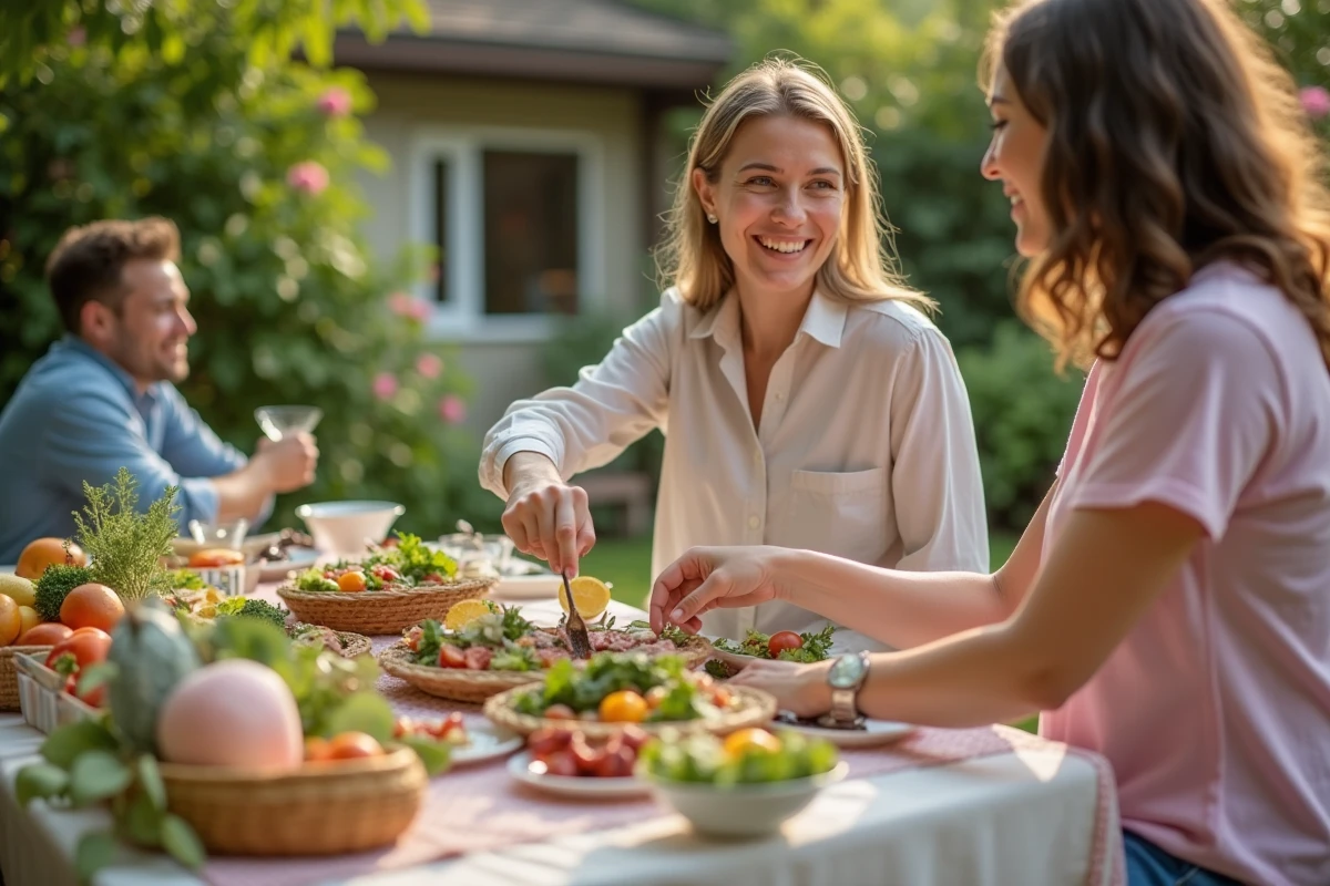 Jeune femme et homme préparant des légumes grillés en jardin