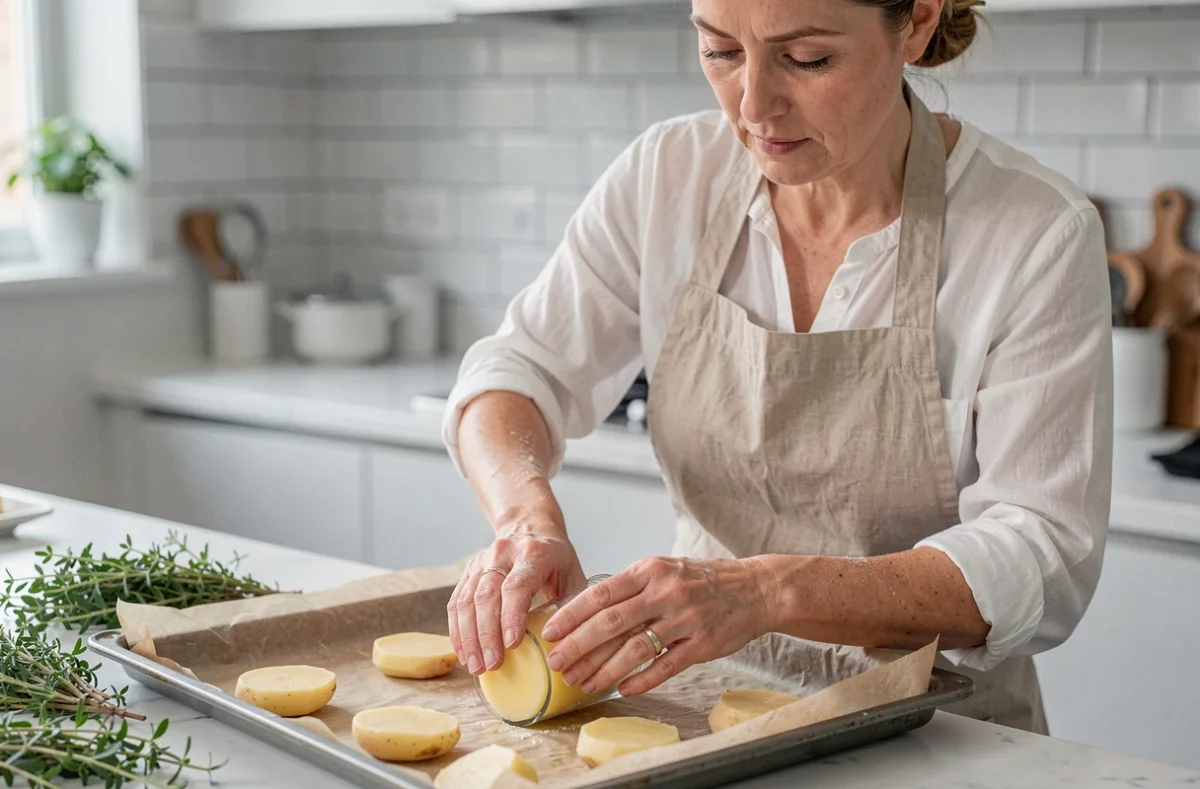 Femme écrasant des pommes de terre cuites sur une plaque de cuisson dans une cuisine moderne, geste culinaire authentique en tablier beige